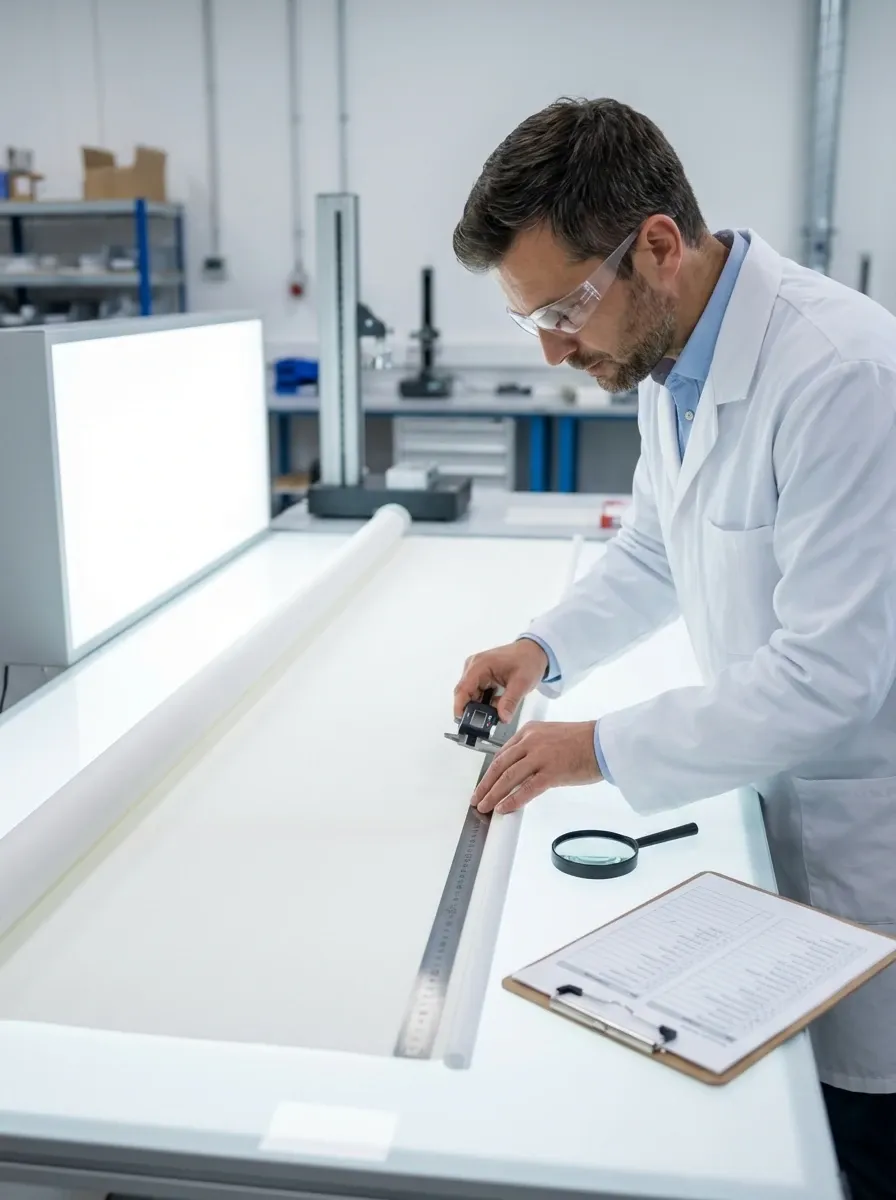 An HT Blinds inspector in a lab coat and safety glasses checking a shade against a steel rule and calipers on a backlit inspection table, a checklist and magnifier alongside.