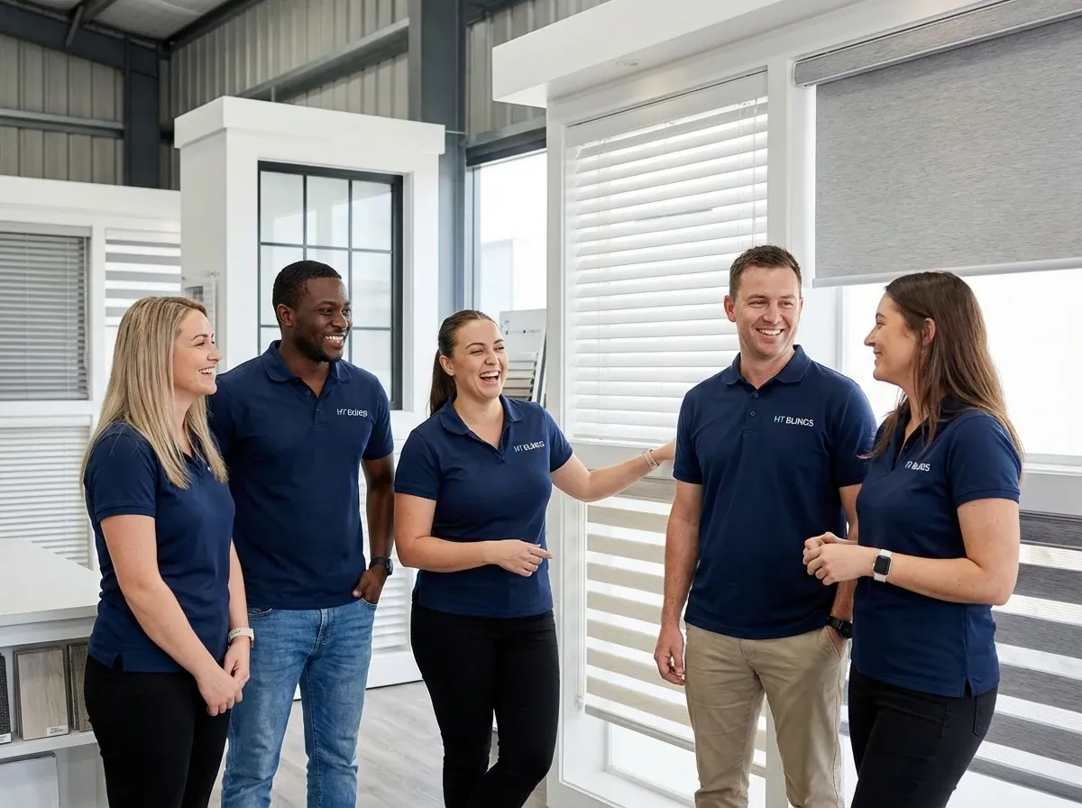 The HT Blinds team in branded navy polos standing in the showroom, blinds and shades displayed on the walls behind them.