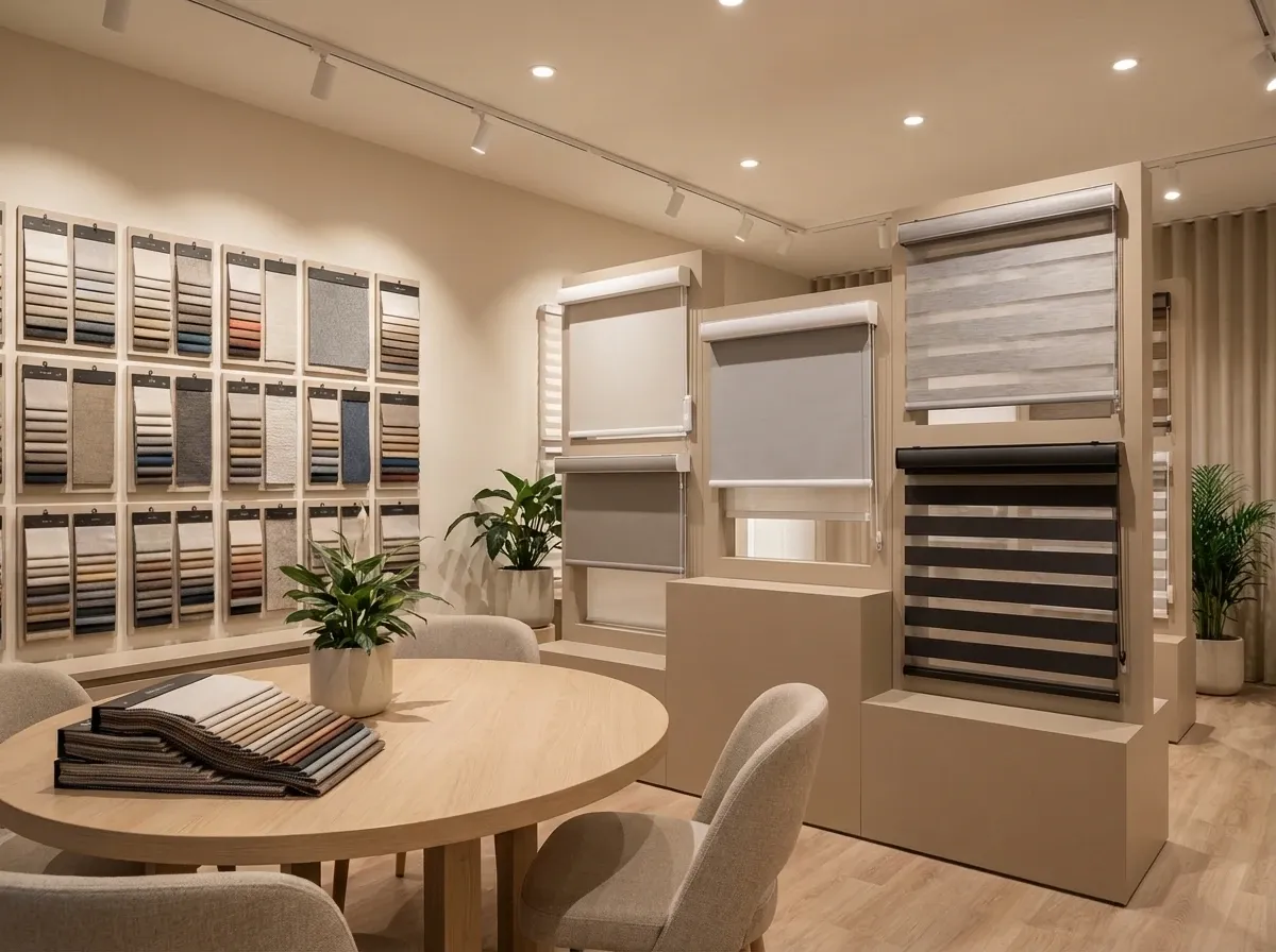The HT Blinds showroom — walls of fabric sample books and roller and zebra shade displays around a round consultation table.