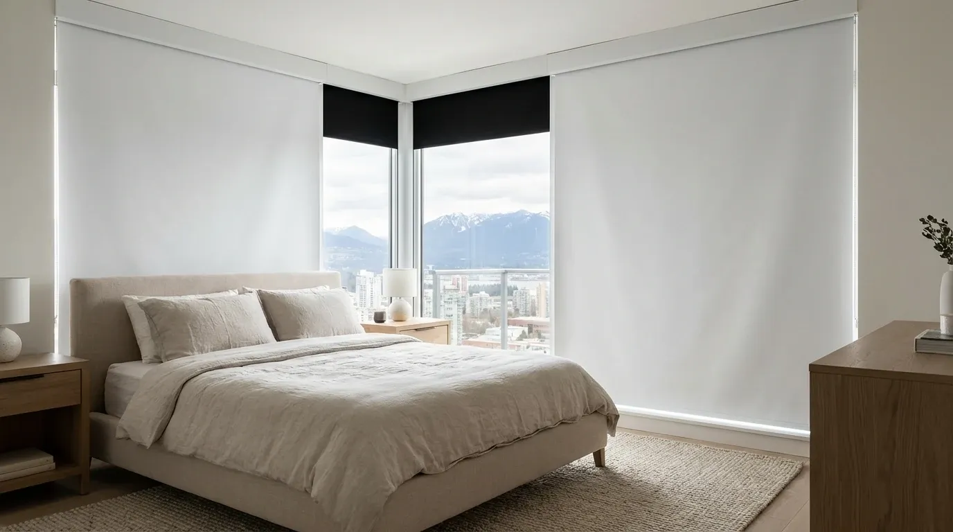 Calm corner bedroom with white blackout roller shades lowered over floor-to-ceiling windows, neutral linen bedding, and a Vancouver city-and-mountain view framed in the gap between the shades