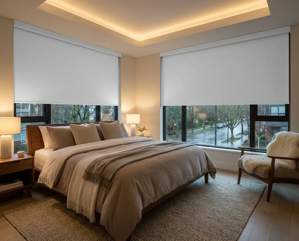 Primary bedroom at dusk with white blackout roller shades lowered over two windows, warm bedside lighting and layered neutral bedding