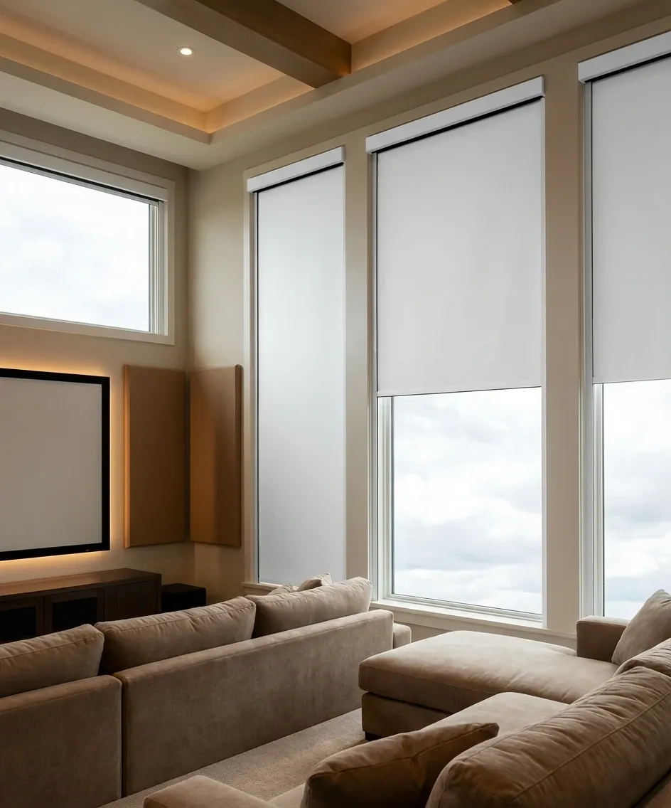 Media room with a sectional sofa facing a projection screen and tall white blackout roller shades lowered over floor-to-ceiling windows to control daylight
