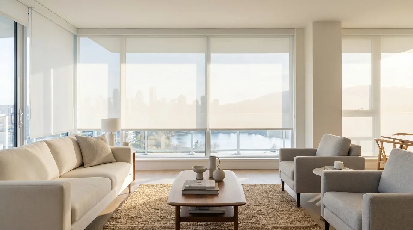 White roller shades in a bright Burnaby living room with a city view