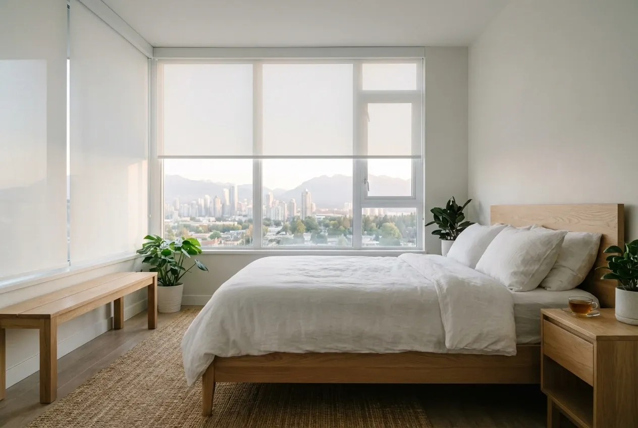 White Solis solar roller shades on a large Burnaby condo window with a city skyline view