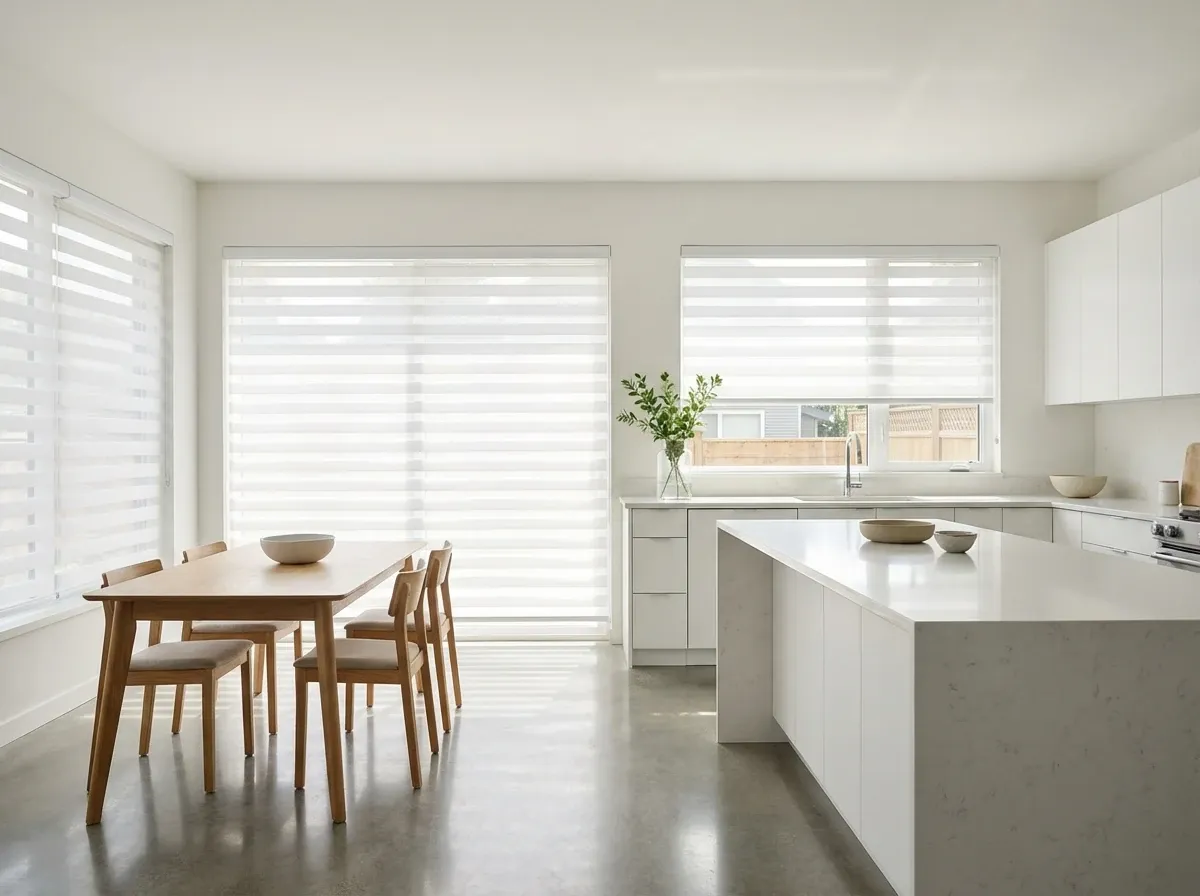 White zebra shades at half-transition in a Burnaby living room with an urban view