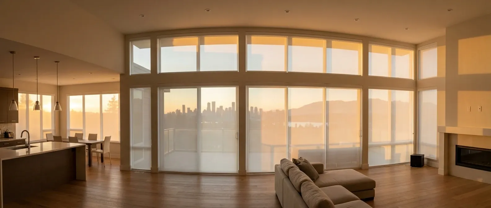 Motorized white solar roller shades at staggered heights across a Burnaby condo window wall with a skyline view