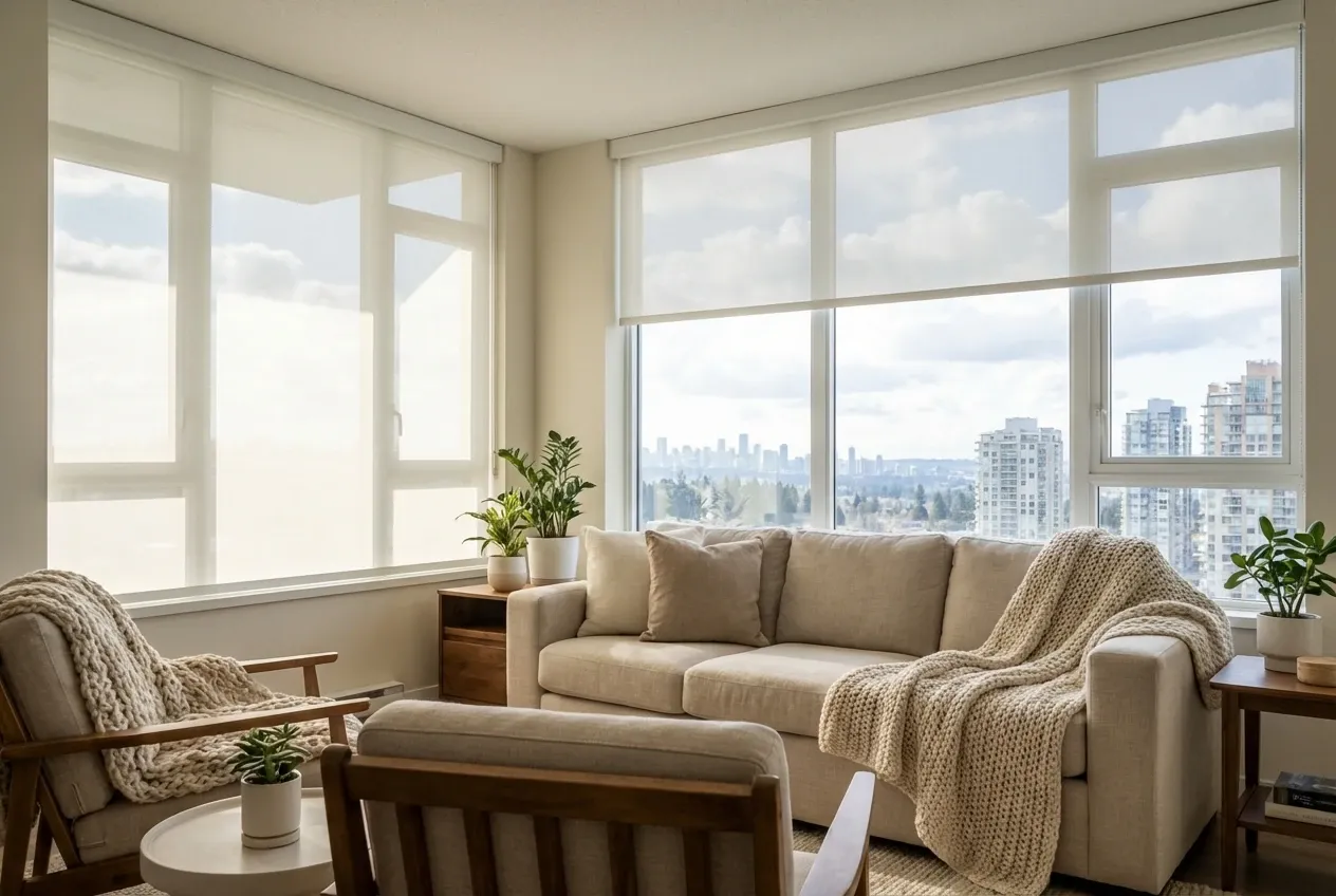White solar roller shades in a Burnaby Metrotown condo with a city skyline view