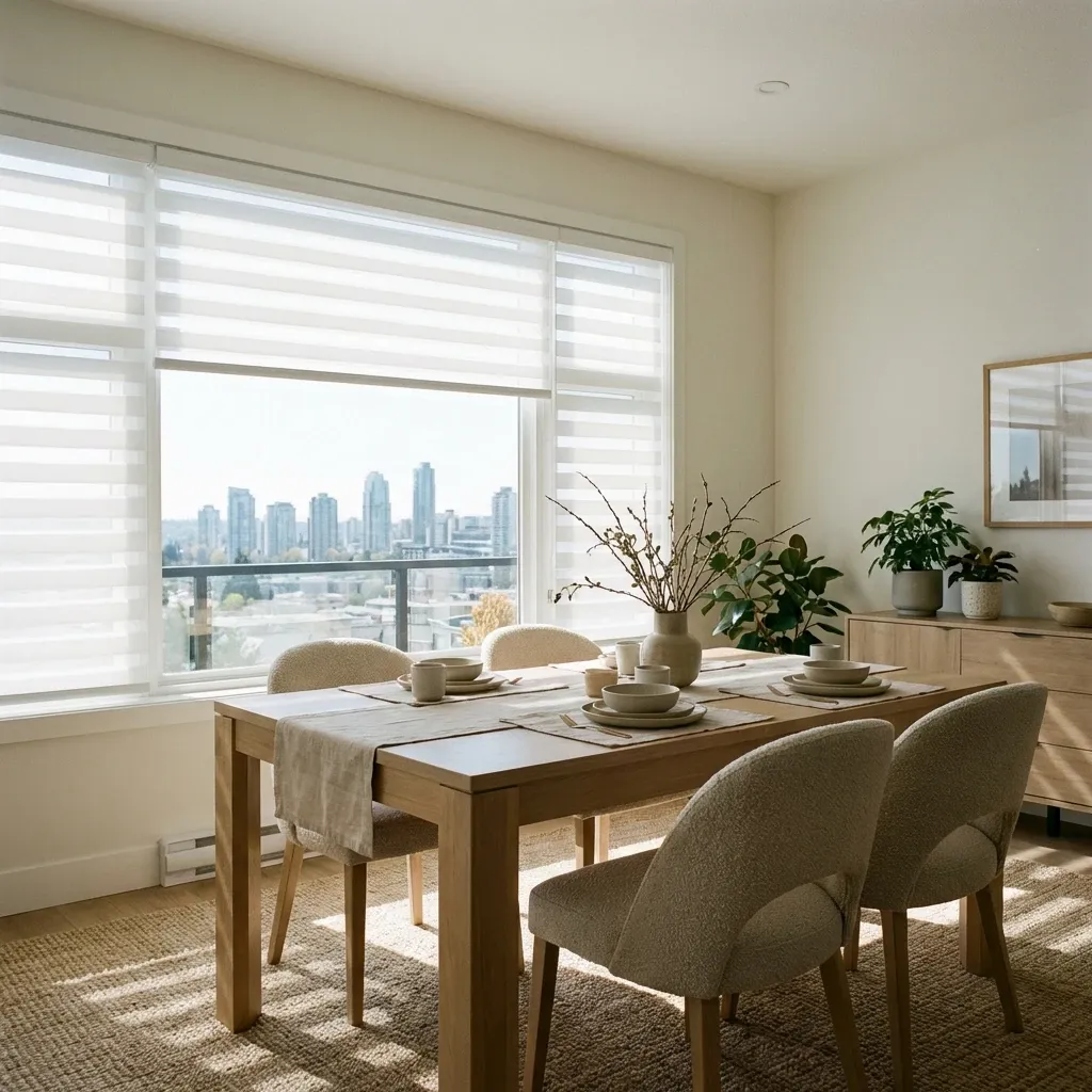 White zebra shades filtering daylight in a Burnaby living room