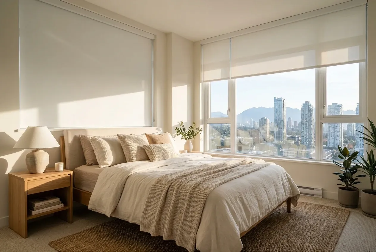 Blackout roller shades darkening a Burnaby high-rise bedroom