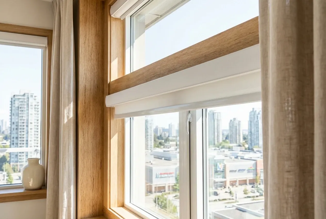 Close-up of cassette-mounted white Solis solar roller shades on a large Burnaby condo window with a skyline view