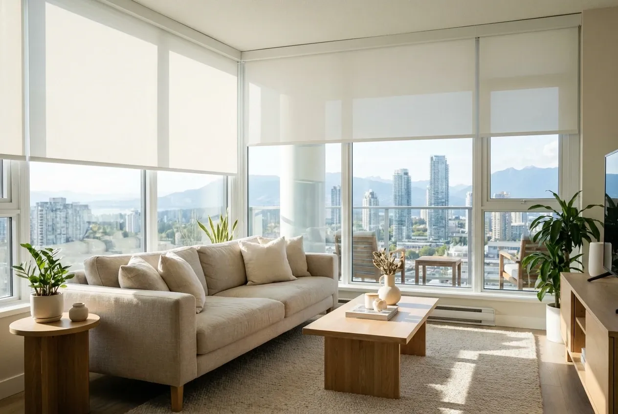 Motorized white solar roller shades at automated heights across a Burnaby living-room window wall with a skyline view