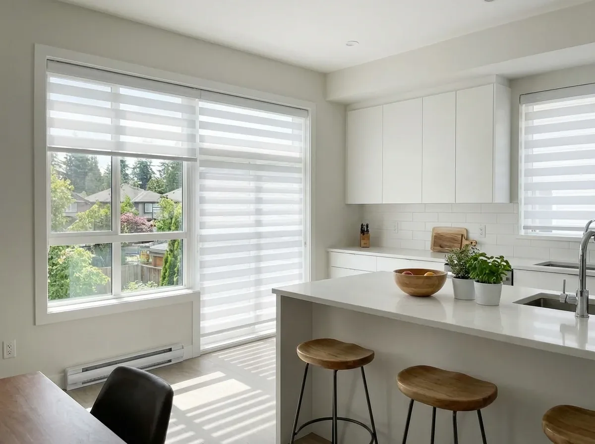 White zebra shades at half-transition in a Coquitlam dining room with a treetop view