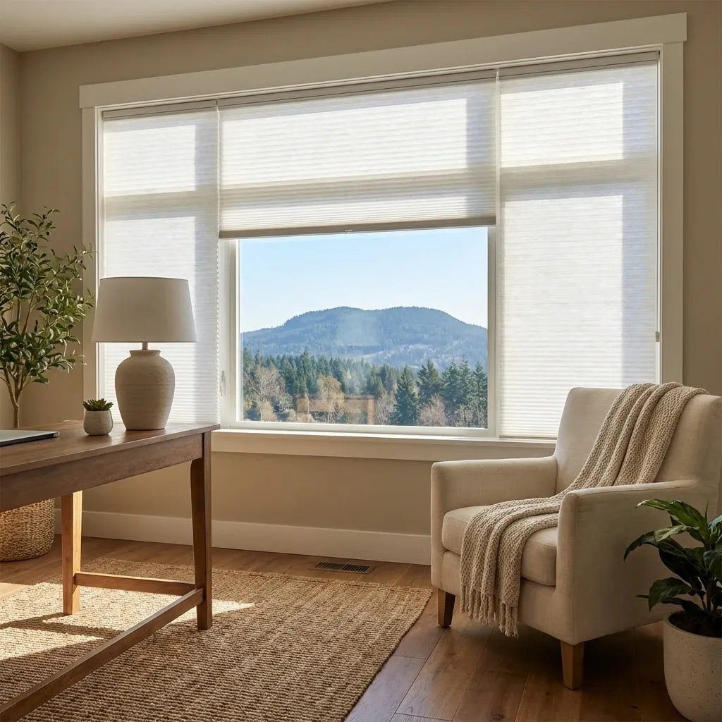 White honeycomb cellular shades in a Coquitlam home with a treetop view