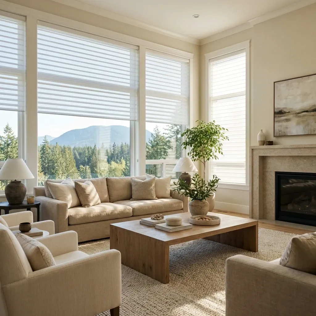 Sheer horizontal shades softening light across floor-to-ceiling Coquitlam windows with a mountain view