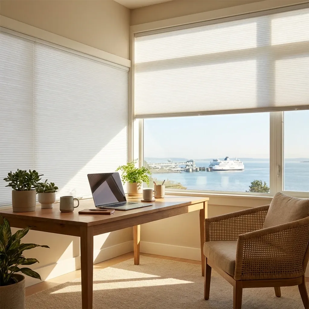 White honeycomb cellular shades in a Delta home with warm daylight