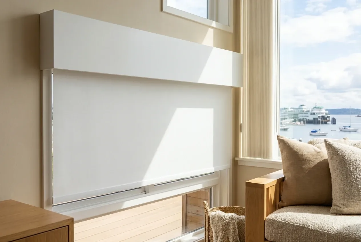 Close-up of cassette-mounted white Solis solar roller shades on a large Delta window