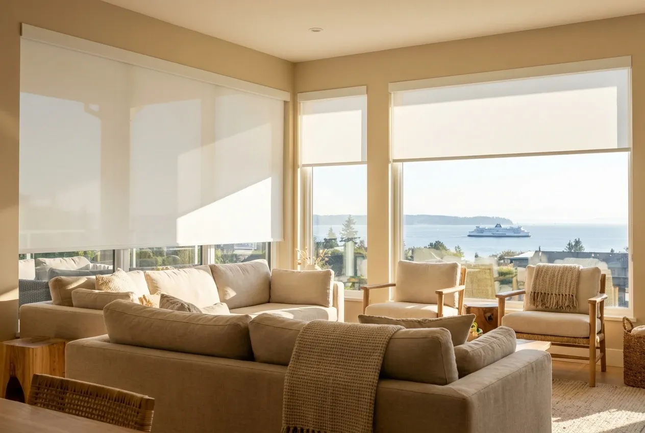 Motorized white solar roller shades at automated heights across a Delta living-room window