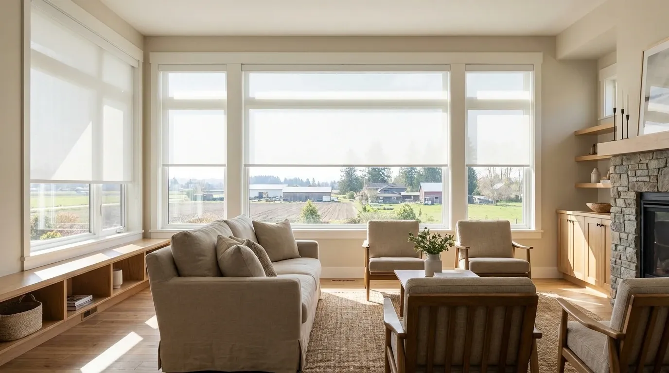 White roller shades on large windows in a bright Langley home with an open outlook