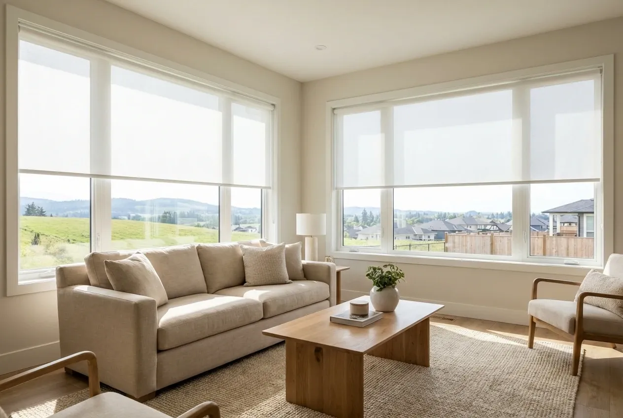 White solar roller shades in a bright Langley new-build great room