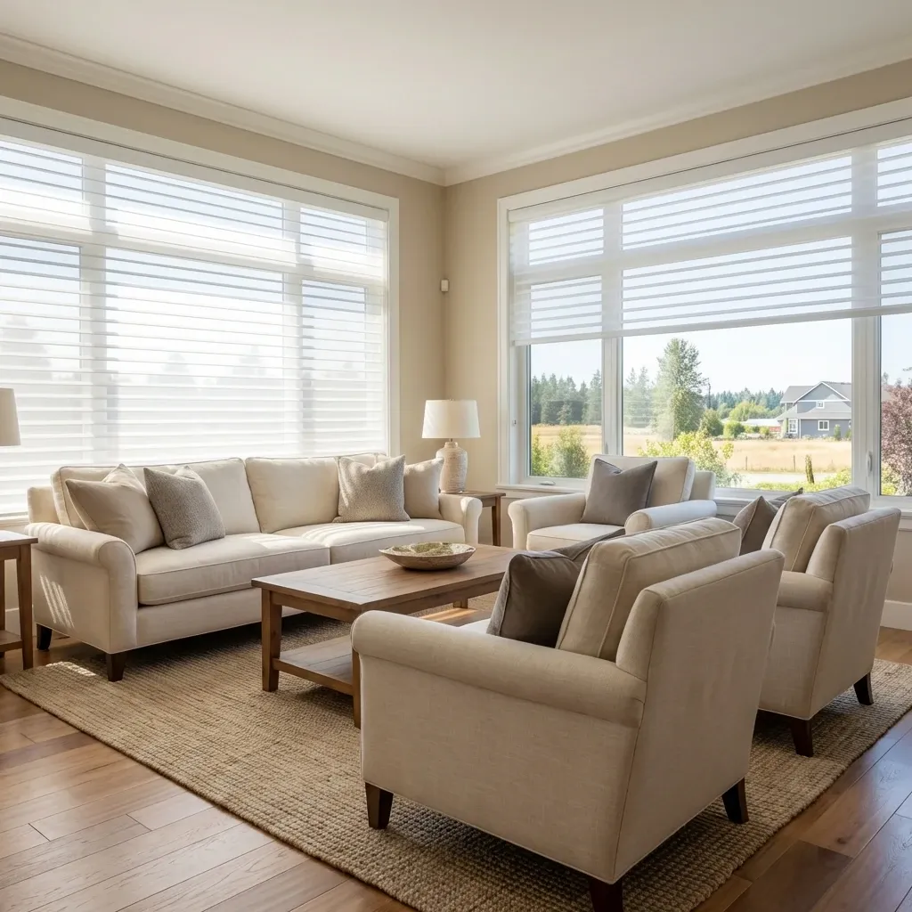 Sheer horizontal shades softening light across large Langley new-build windows