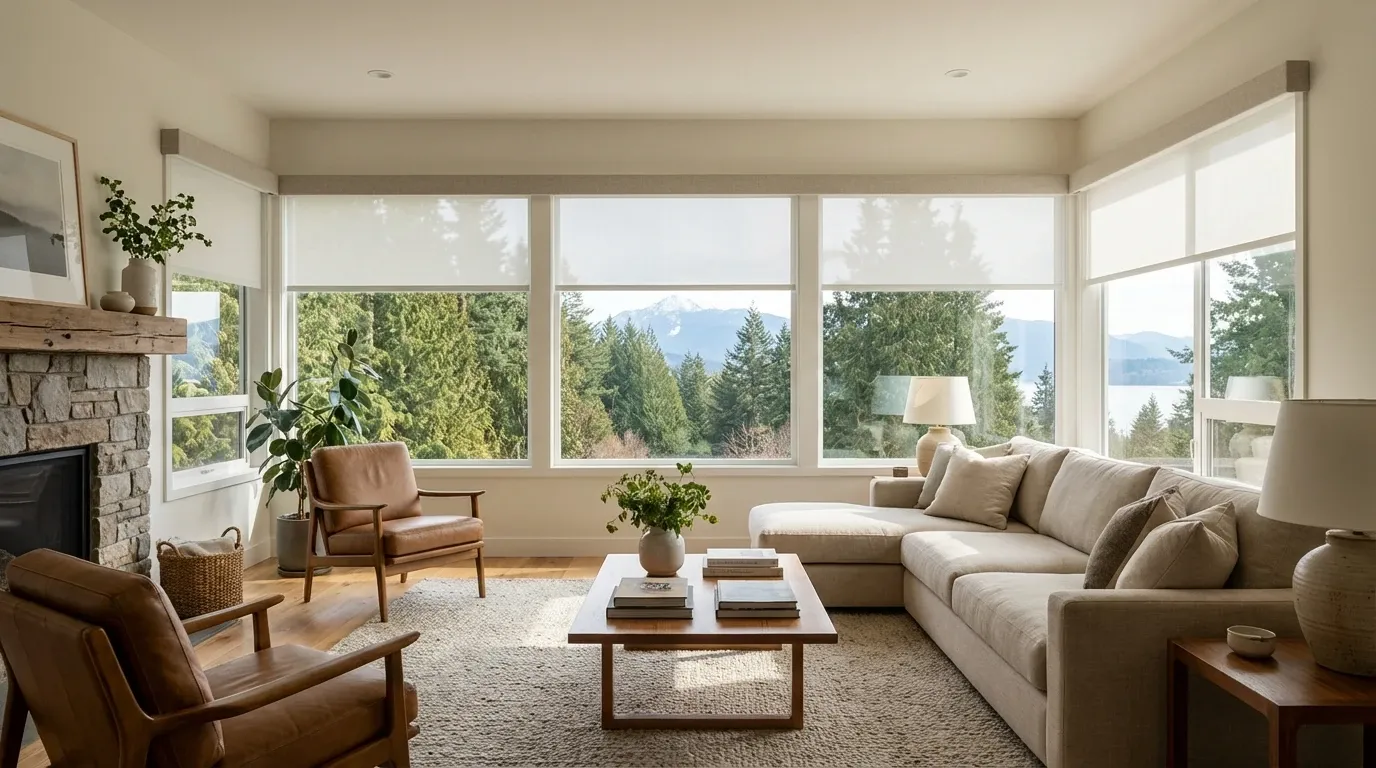 White roller shades in a bright North Vancouver home with a mountain backdrop