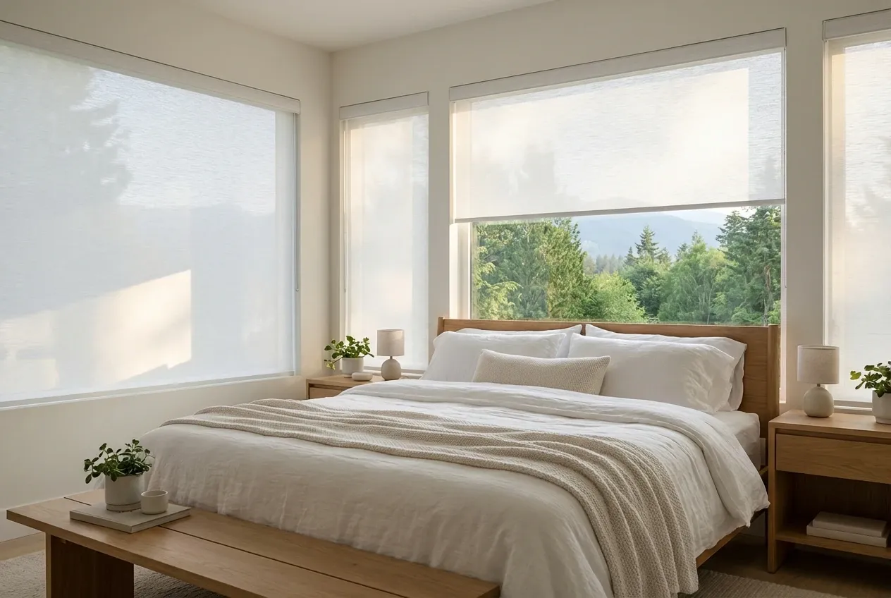 White Solis solar roller shades on a large North Vancouver window with a mountain and inlet view