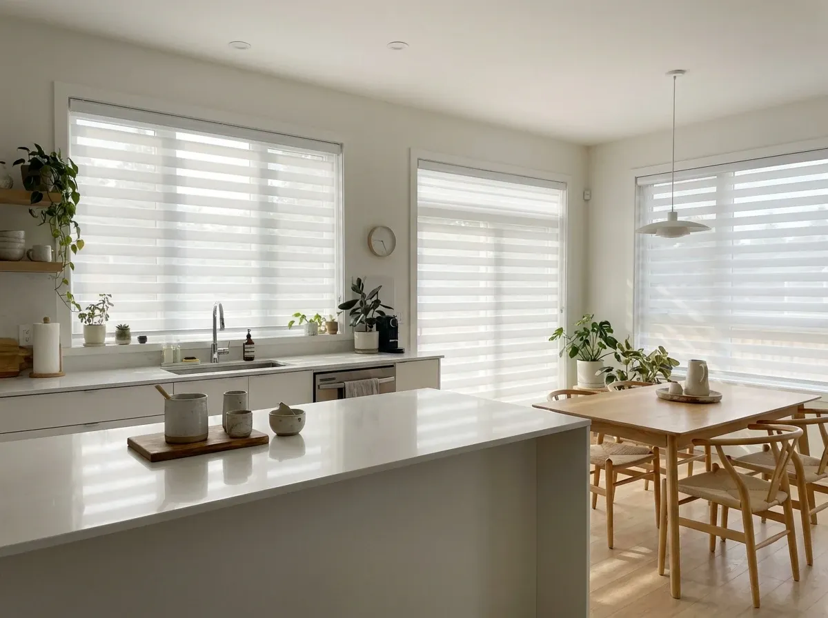 White zebra shades at half-transition in a North Vancouver dining room with a forest view