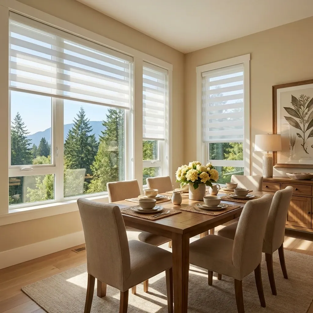White zebra shades filtering daylight in a North Vancouver dining area with a forest view