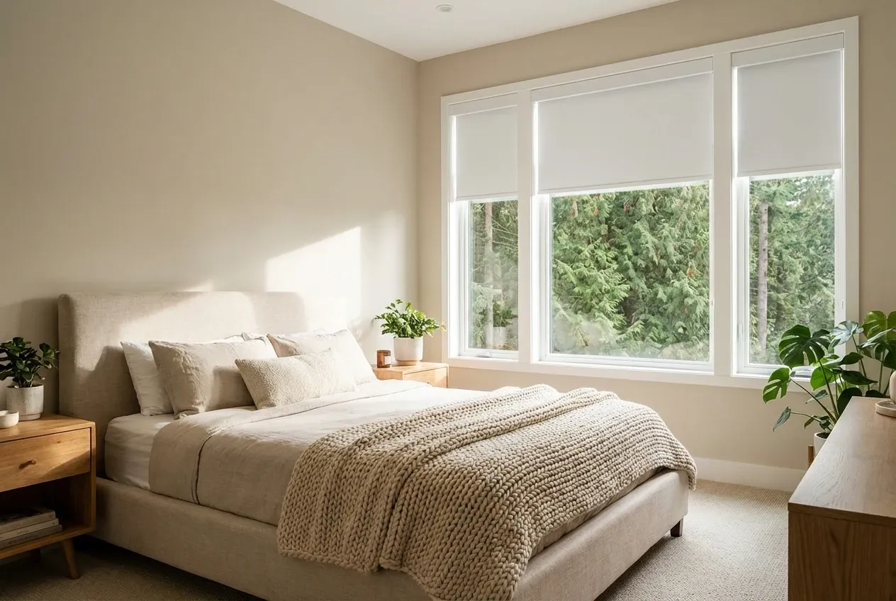 Blackout roller shades darkening a North Vancouver bedroom