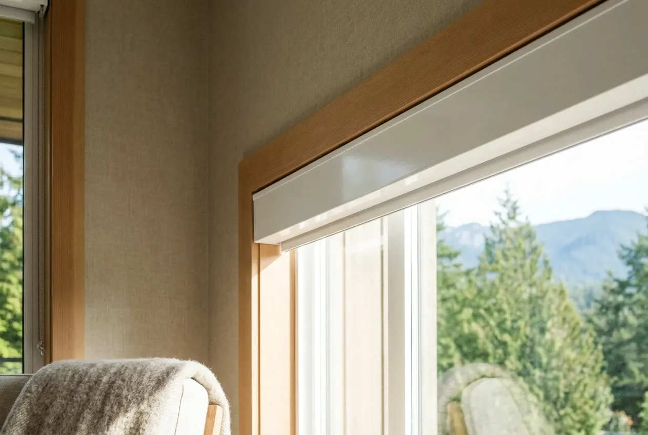Close-up of cassette-mounted white Solis solar roller shades on a large North Vancouver window with a mountain view