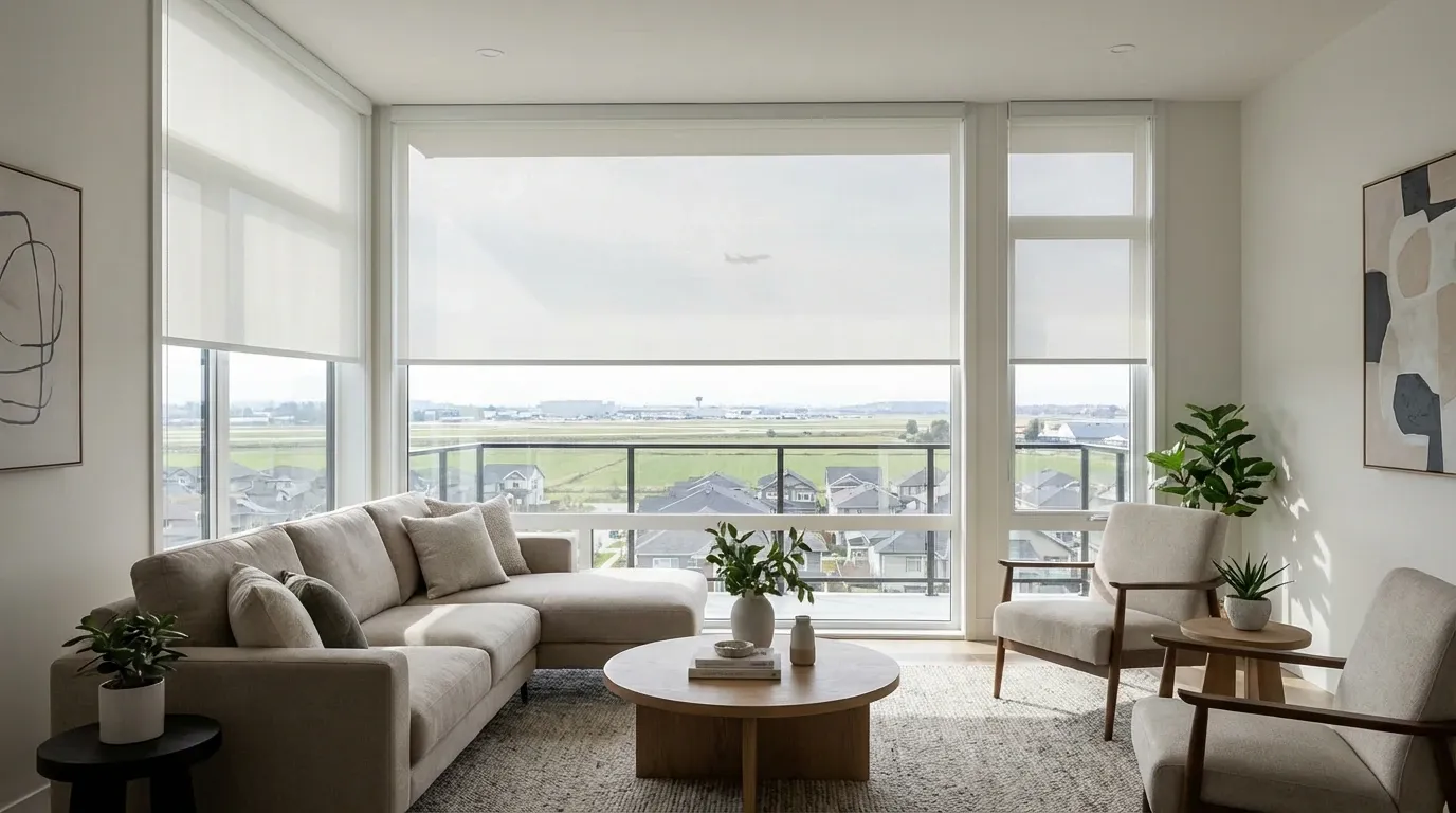 White solar roller shades on floor-to-ceiling Richmond condo windows with a city view