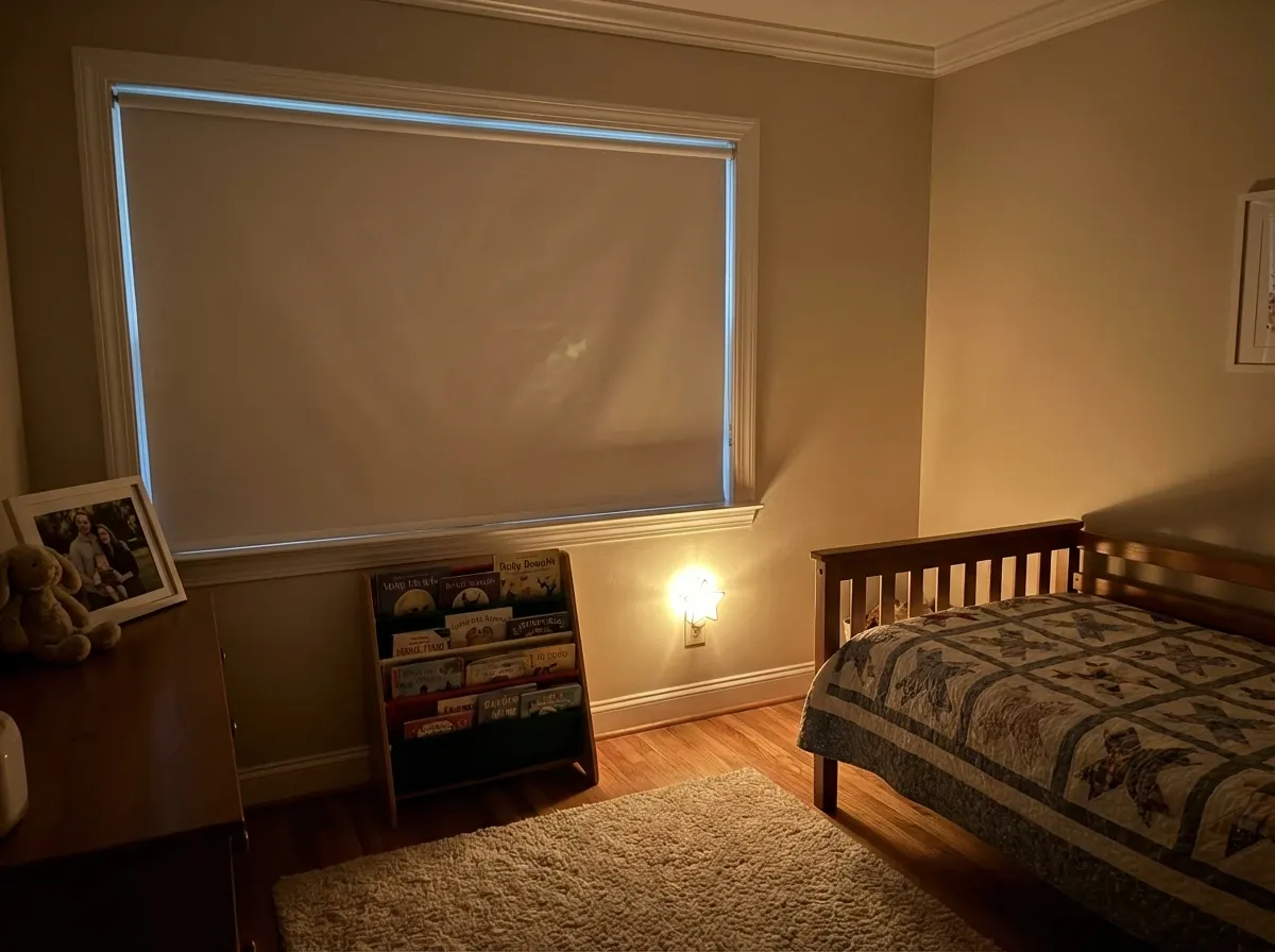 Blackout roller shades fully lowered in a darkened Richmond bedroom