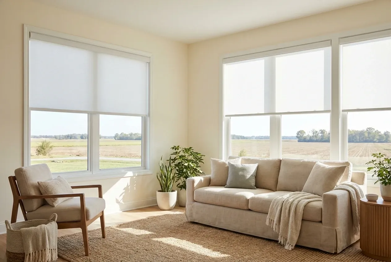 White solar roller shades in a Richmond living room with a river or city view