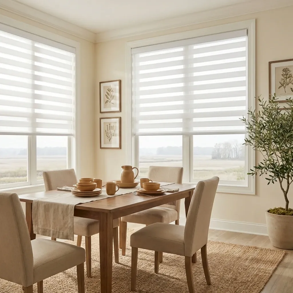 White zebra shades filtering daylight in a Richmond dining area
