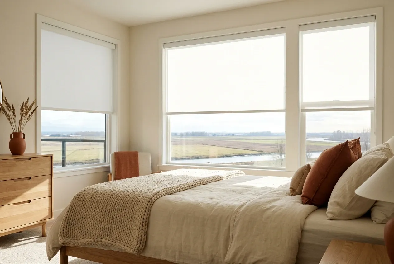 Blackout roller shades darkening a Richmond bedroom