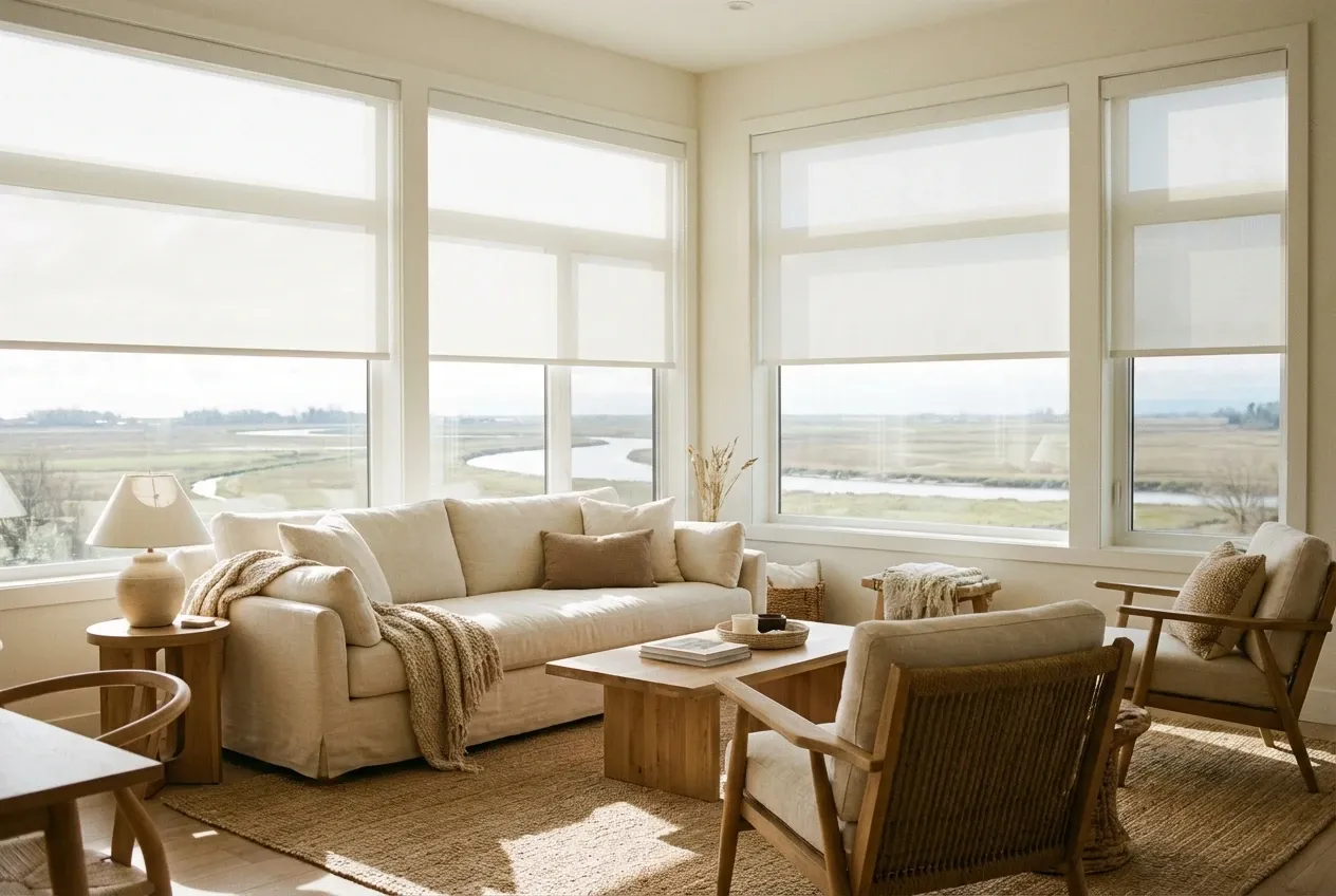 Motorized white solar roller shades at automated heights across a Richmond living-room window wall