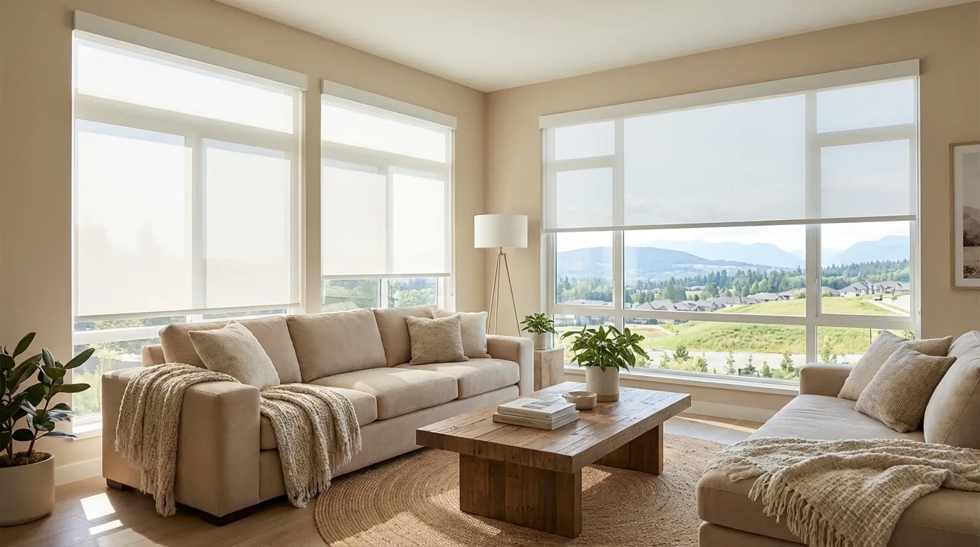 White roller shades in a bright Surrey family home with warm daylight
