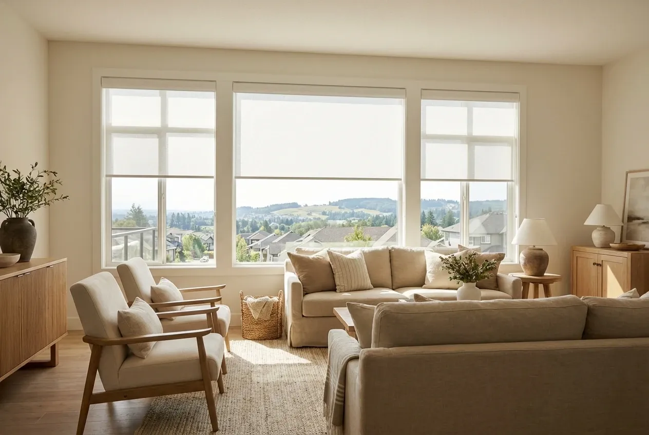 White solar roller shades in a bright Surrey great room
