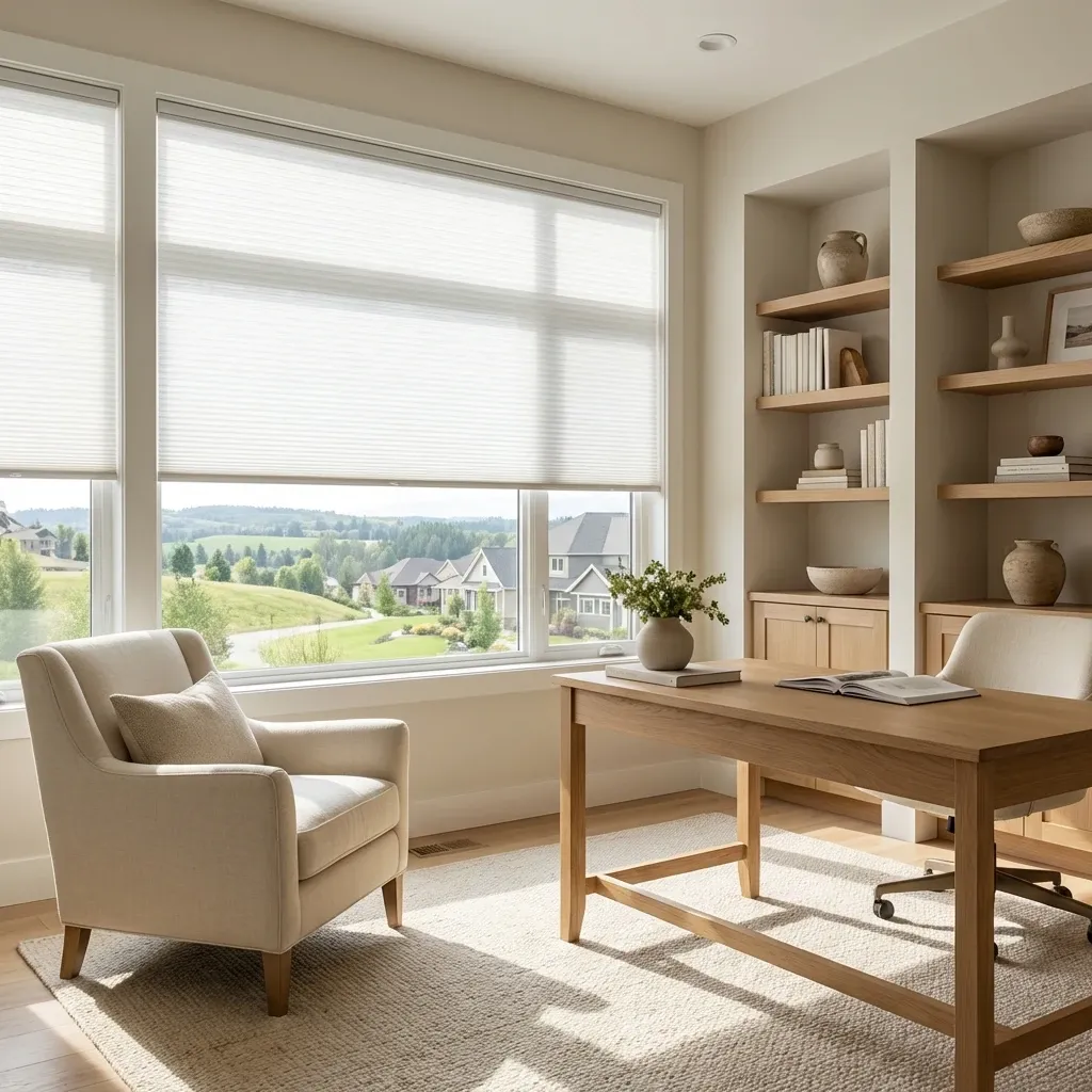 White honeycomb cellular shades in a Surrey home with warm daylight