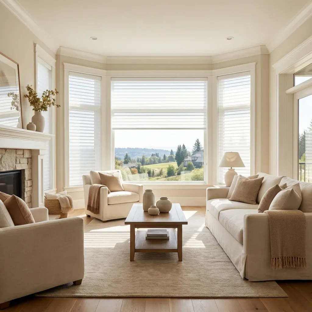 Sheer horizontal shades softening light across large Surrey family-home windows