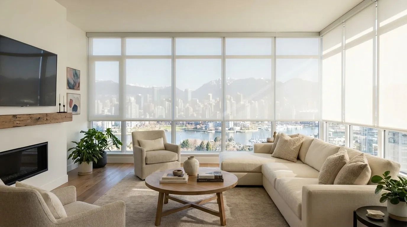 Bright Vancouver condo living room with white solar roller shades and a downtown skyline, harbour and mountain view