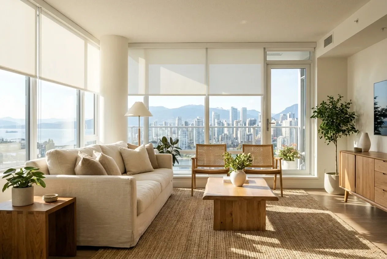 Custom white solar roller shades in a Vancouver living space with a downtown skyline and mountain view