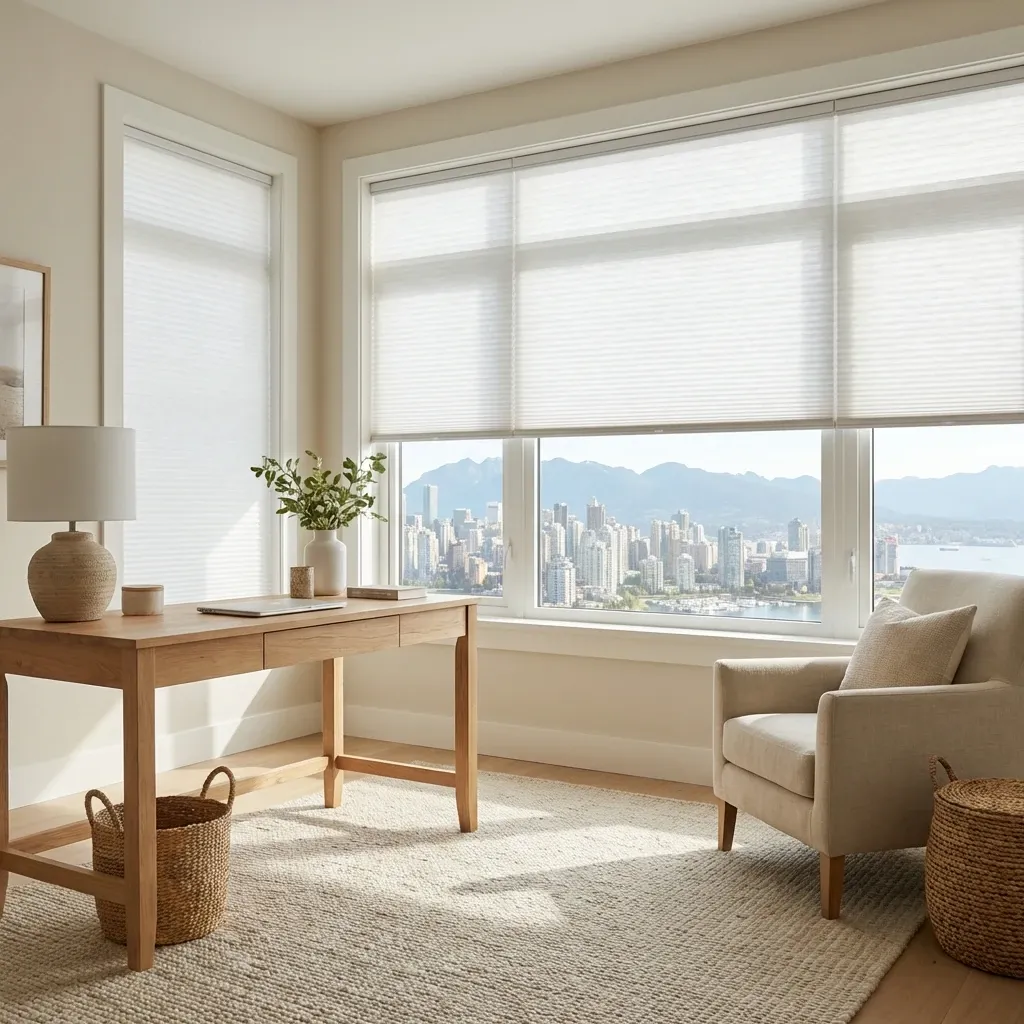 White honeycomb cellular shades in a Vancouver home-office nook with a desk and a city and ocean view