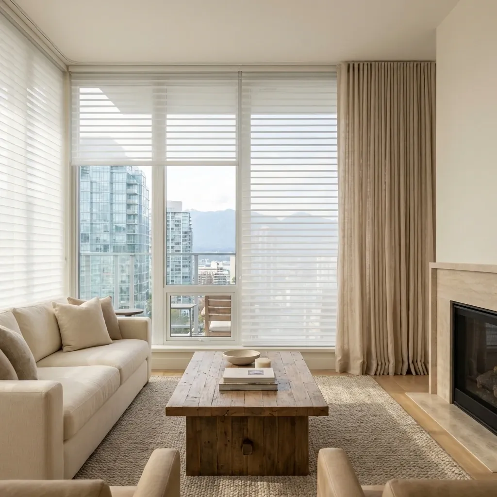 Sheer horizontal shades softening light across floor-to-ceiling Vancouver condo windows with a high-rise and mountain view