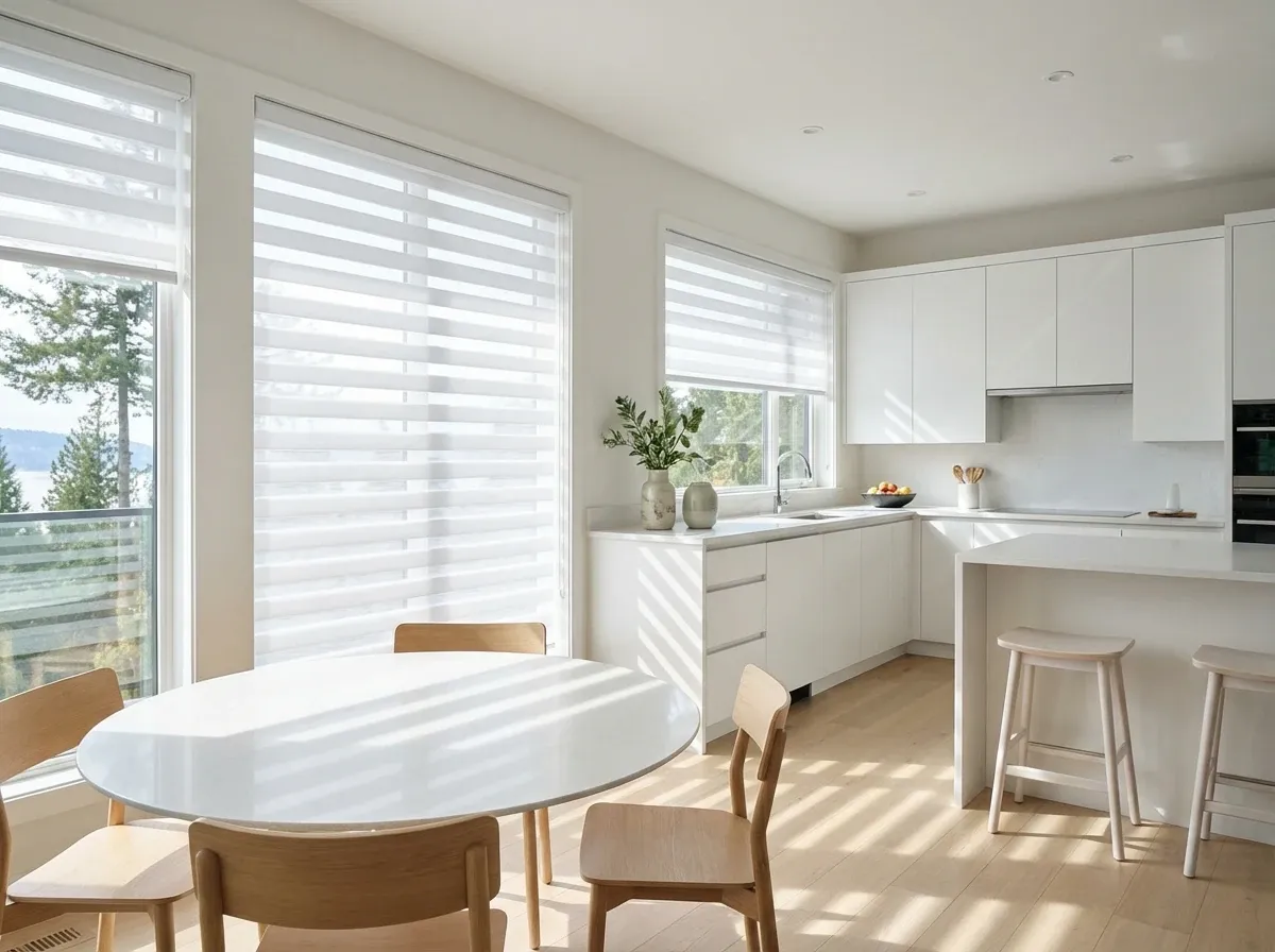 White zebra shades at half-transition in a West Vancouver dining room with a filtered ocean or garden view