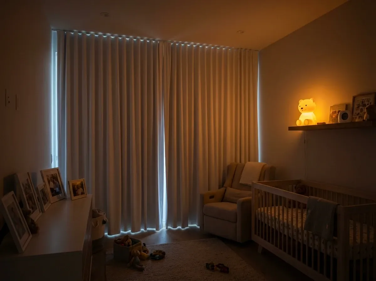 Blackout roller shades fully lowered in a darkened West Vancouver master bedroom