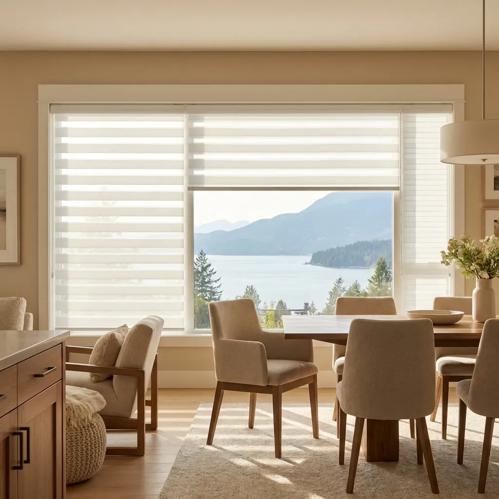 White zebra shades filtering daylight in a West Vancouver dining area