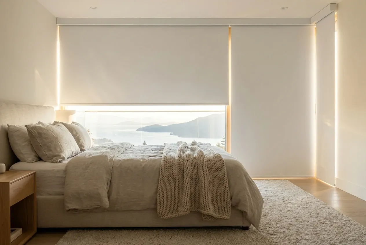 Blackout roller shades darkening a West Vancouver bedroom