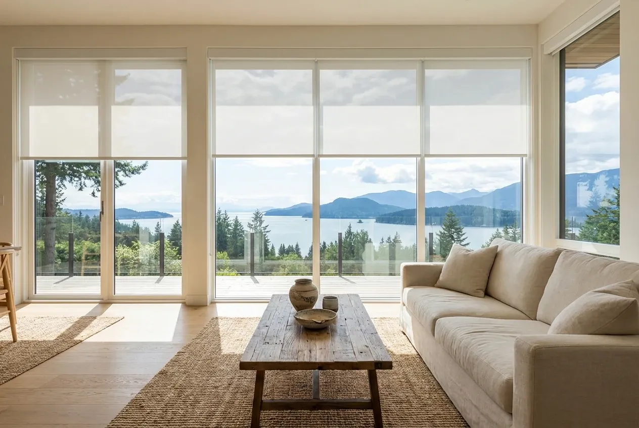 Motorized white roller shades at automated heights across a West Vancouver living-room window wall over the ocean