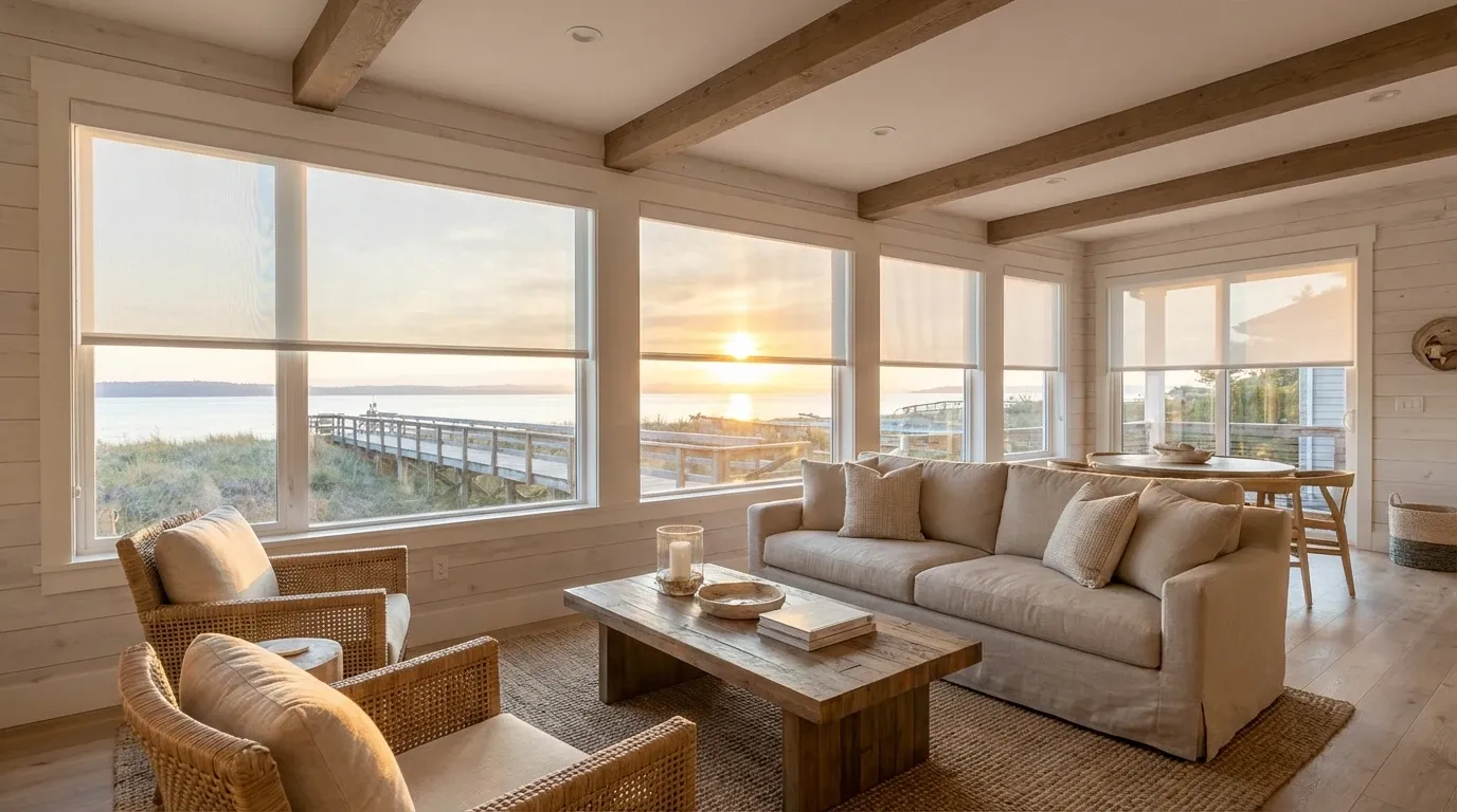 White solar roller shades in a bright White Rock home with a sea view